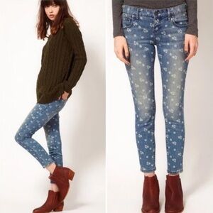 Free People Printed Flowers Ditsy Ankle Floral Skinny Slim Denim Jeans
